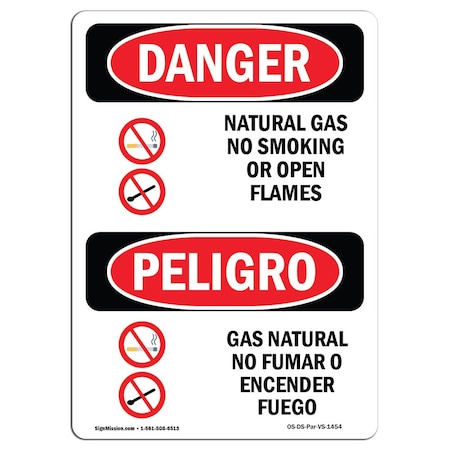 Signmission Safety Sign, OSHA Danger, 14" Height, Aluminum, Natural Gas No Smoking Bilingual Spanish OS-DS-A-1014-VS-1454